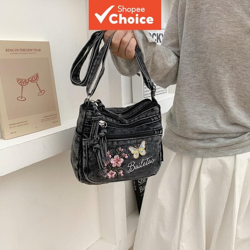 Bolsa tiracolo jeans lavada vintage feminina, bordado de borboleta floral, vários bolsos com zíper, alça ajustável,