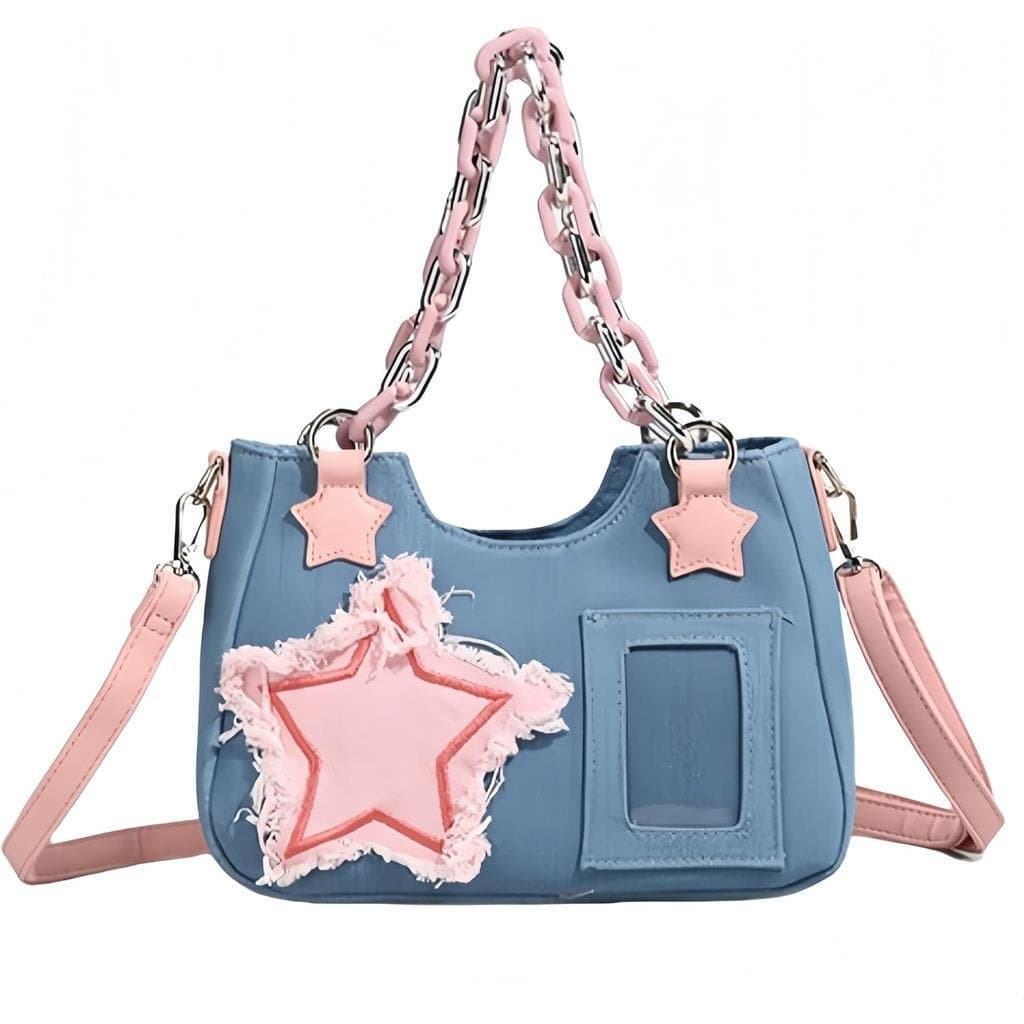 Bolsa Transversal de Ombro Único Denim Stars Kawaii, Bolsa Ita, Bolsa de Mão com Correntes Y2k, Bolsa Transversal Estéti