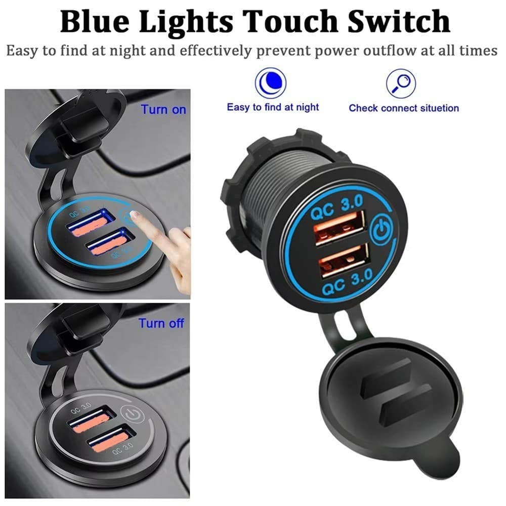Carregador De Carro QC3.0 Duplo USB Tomada De Isqueiro À Prova D'água 12V/24V Rápido Com Interruptor De Toque