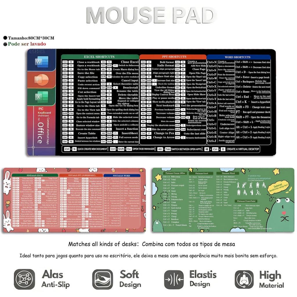 Mouse Pad Gamer XL 80x30cm com Atalhos Teclado Inglês Antiderrapante para Computador com Borda Costurada