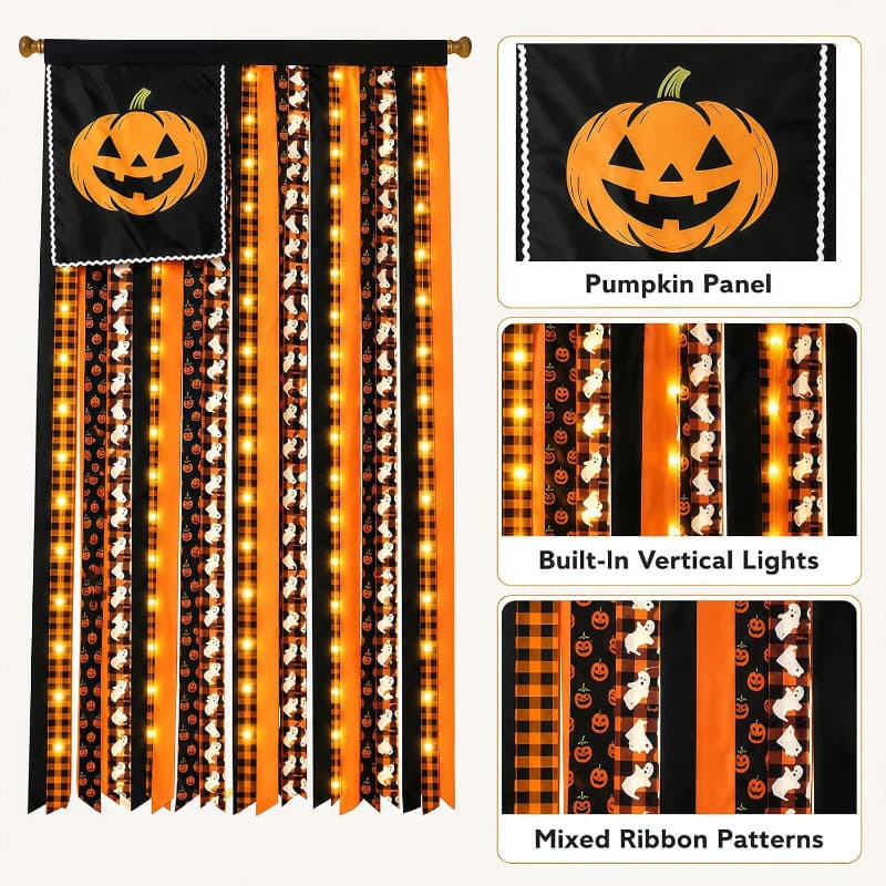 Guirlanda De Janela De Halloween LED-Banner De Fita De Abóbora Fantasma Iluminada , Decoração De Porta Interna E Exter Y