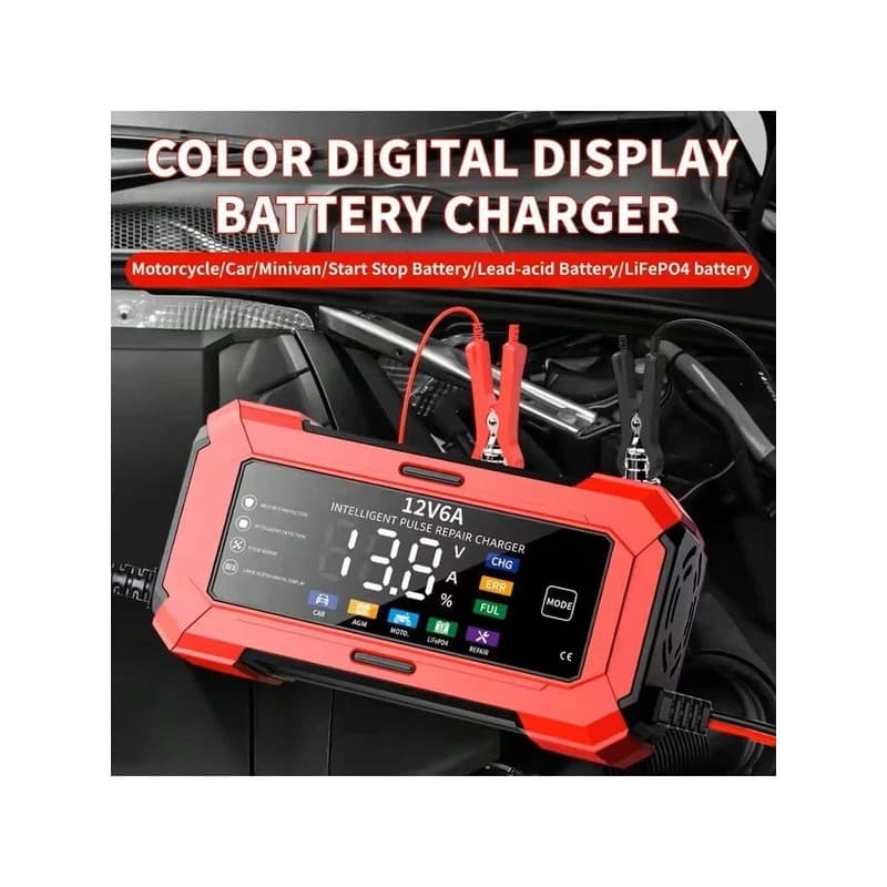 Carregador de Bateria para Carro e Moto 12V 6A com Tela Colorida, Carregador de Bateria de Chumbo-Ácido e Lítio, Plugue