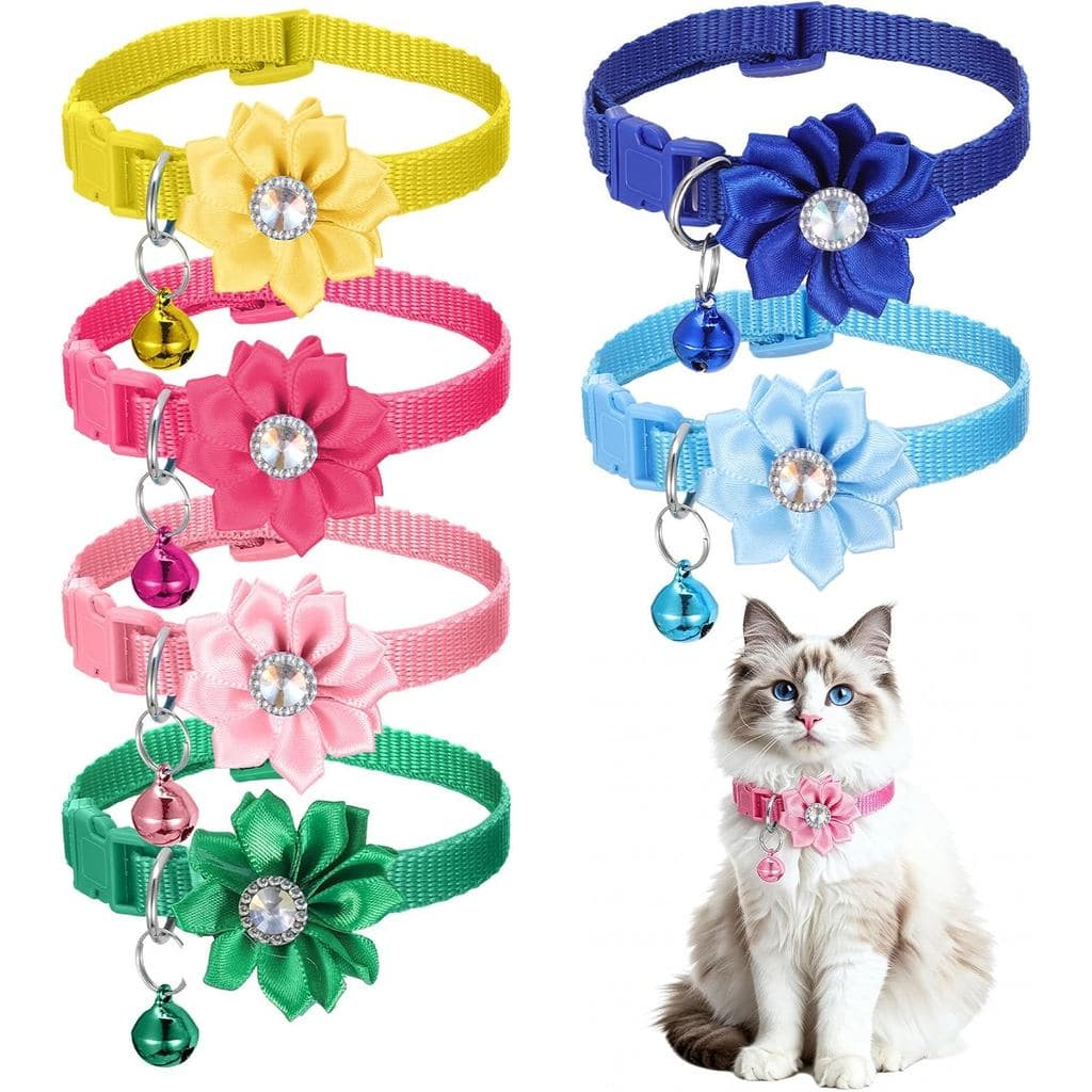 6 Coleiras de Gato Fofas com Sino e Fecho de Segurança, Coleiras Ajustáveis para Gatinhas com Flores, Coleiras de Gatinh