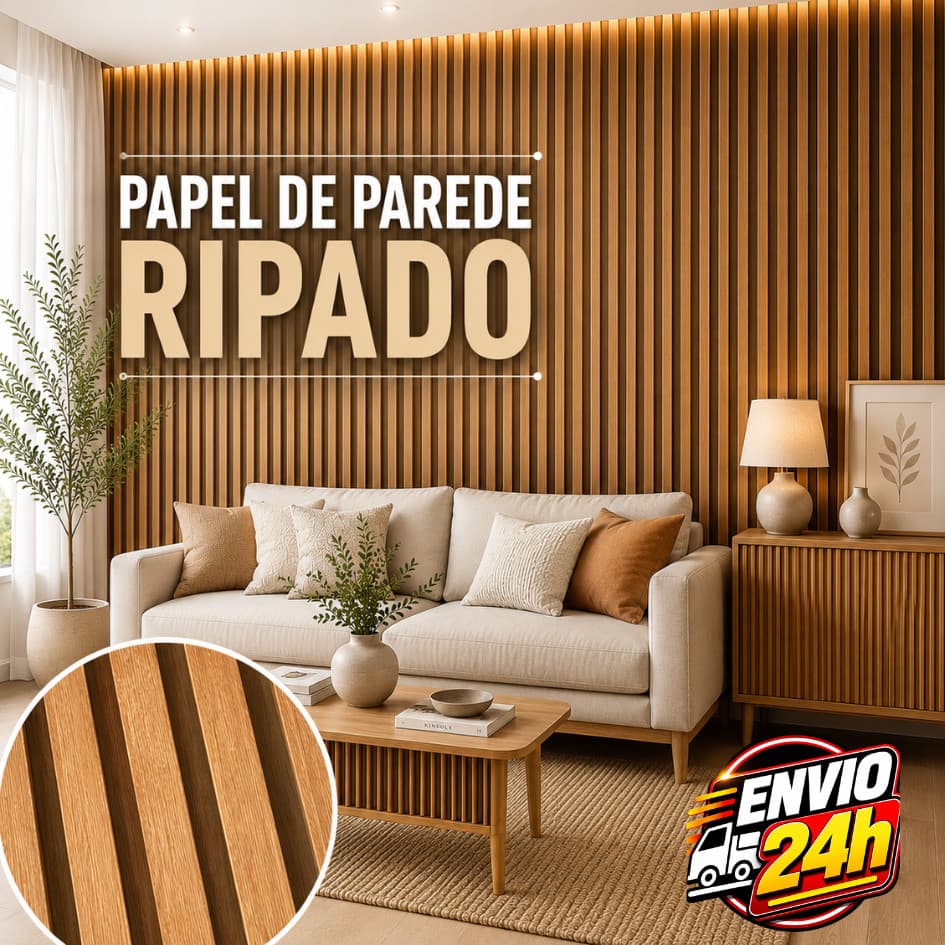 Papel de Parede Ripado Madeira 3D Autocolante Adesivo Lavável PVC Premium 5m x 45cm