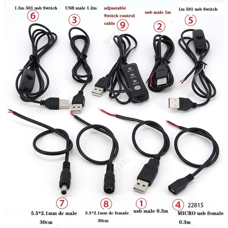 9 Tipos 5V 12V USB2.0 DC mirco Macho Fêmea Cabo Interruptor Fonte De Alimentação Ajustável Conector De Carregamento De R