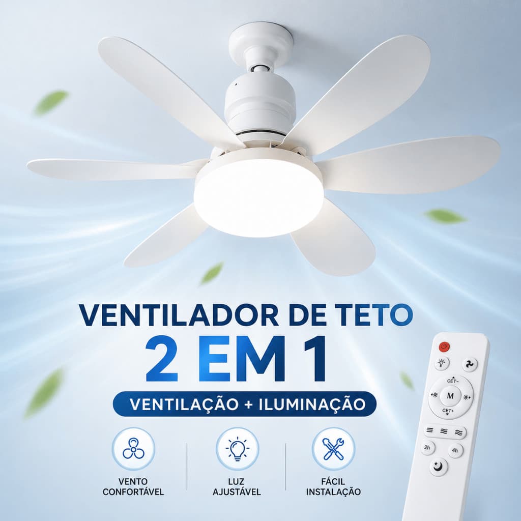 Ventilador de Teto 2 em 1 40W E27 com 6 Pás, Luz Ajustável e Controle Remoto