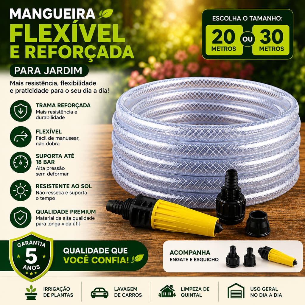 Mangueira de Jardim Reforçada Trançada 20m/30m Transparente com Engate e Esguicho