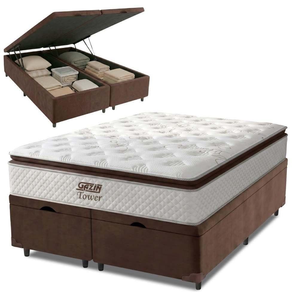 Cama Box Baú King Gazin Colchão Molas Ensacadas Com Pillow Top Tower 193x203x75cm Branco/Marrom