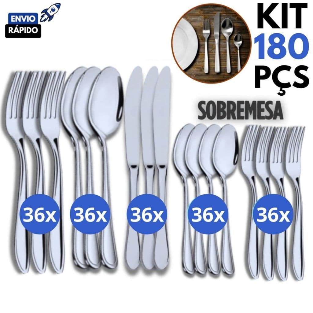 Kit 180 Talheres de Mesa em  Aço Inox Garfos Colheres Facas Colheres Sobremesa Garfos Sobremesa