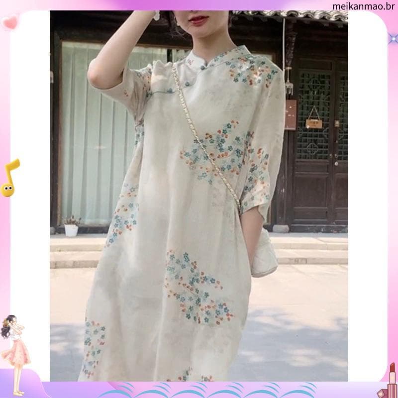 Novo estilo chinês melhorado duplo Cheongsam algodão vestido de linho feminino verão 2024 novo estilo estilo nacional Re