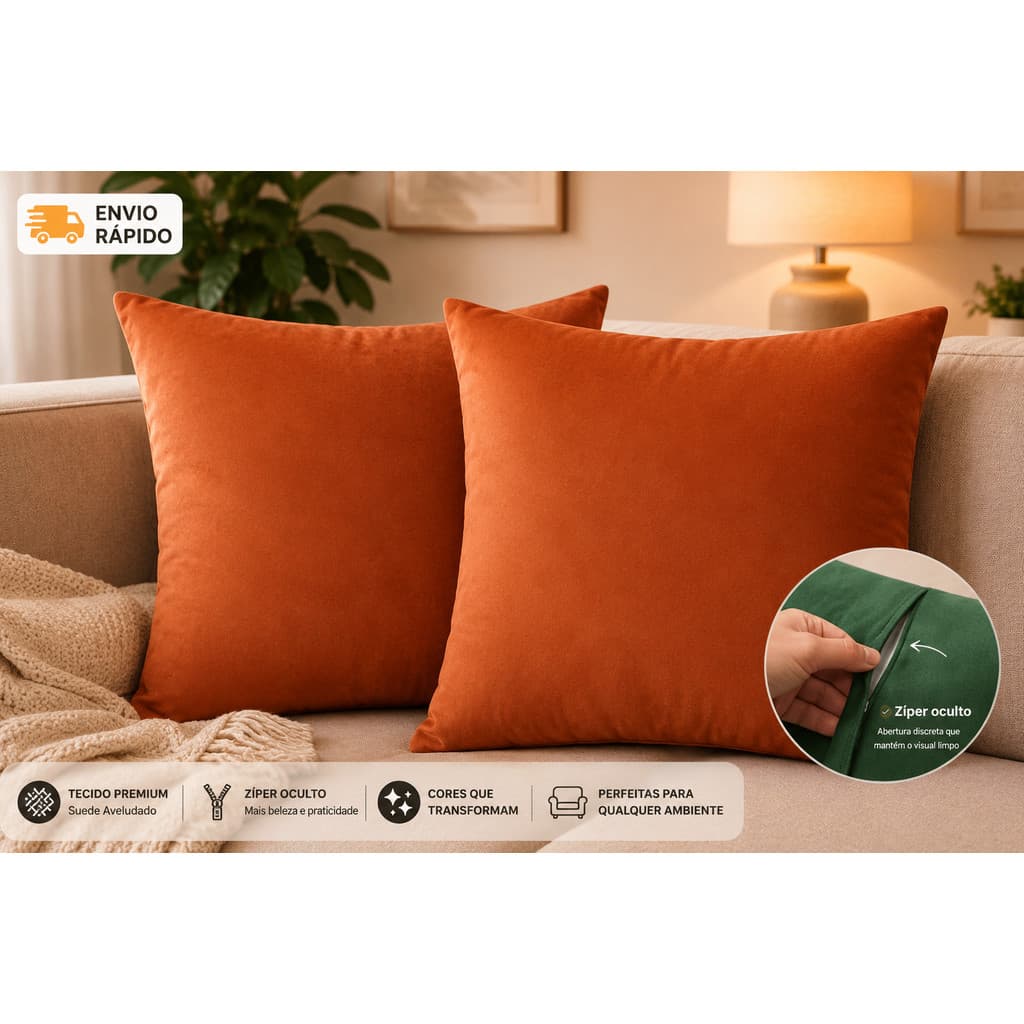 Kit Capas de Almofada Suede Aveludado 45x45 com Zíper Reforçado para Sala e Sofá