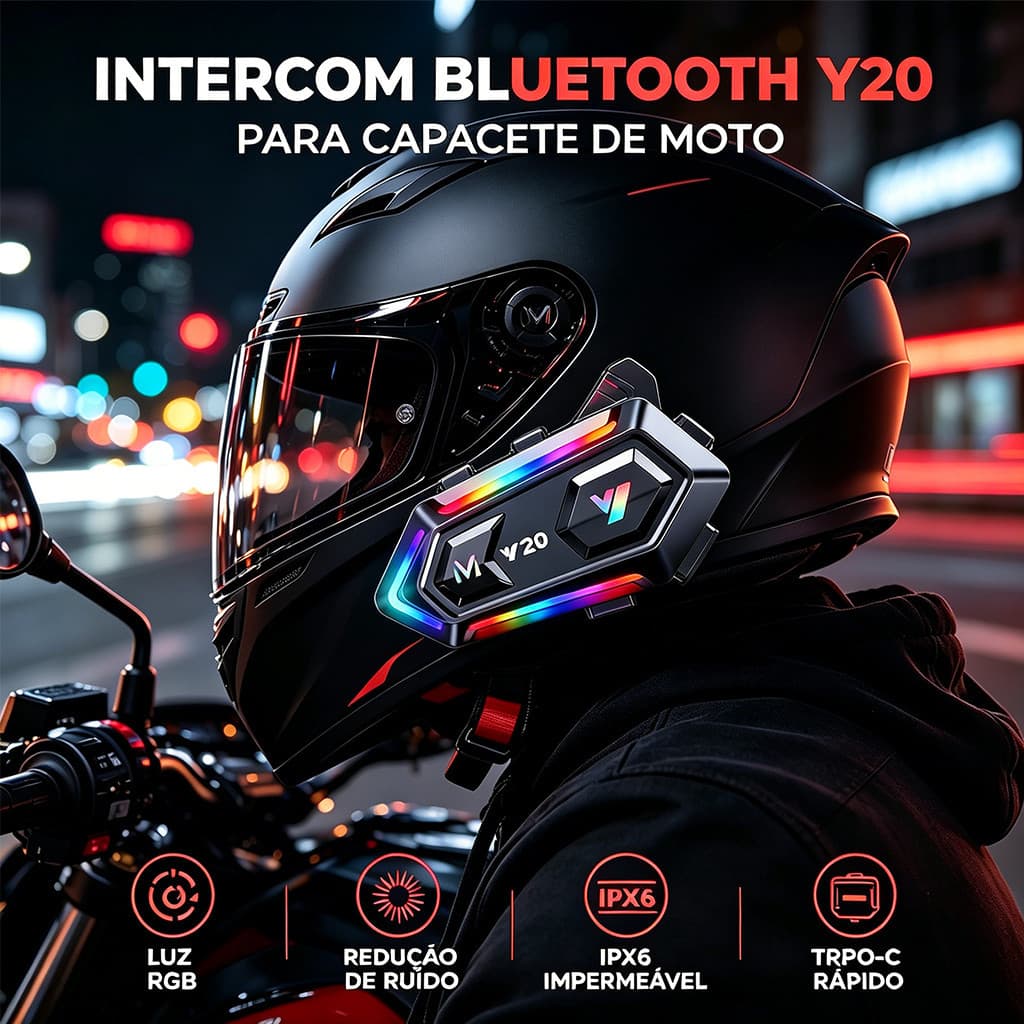 Intercomunicador Bluetooth Y20MAX para Capacete de Moto Luz RGB Impermeável IPX6 Redução de Ruído Bateria Longa Duração