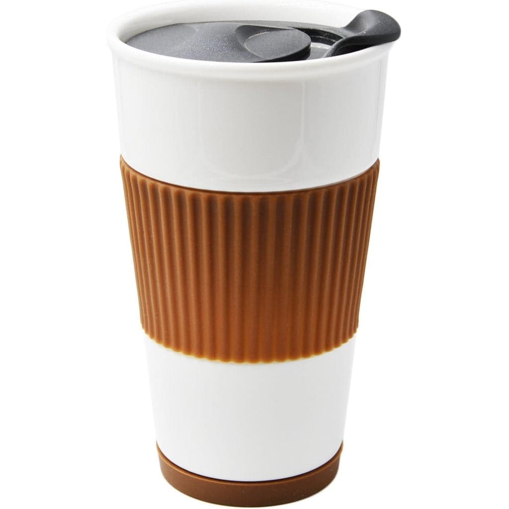 Copo de Viagem para Café em Cerâmica com Parede Dupla Isolada, 10oz, Café |   Tampa Deslizante, Capa Protetora e Porta-C