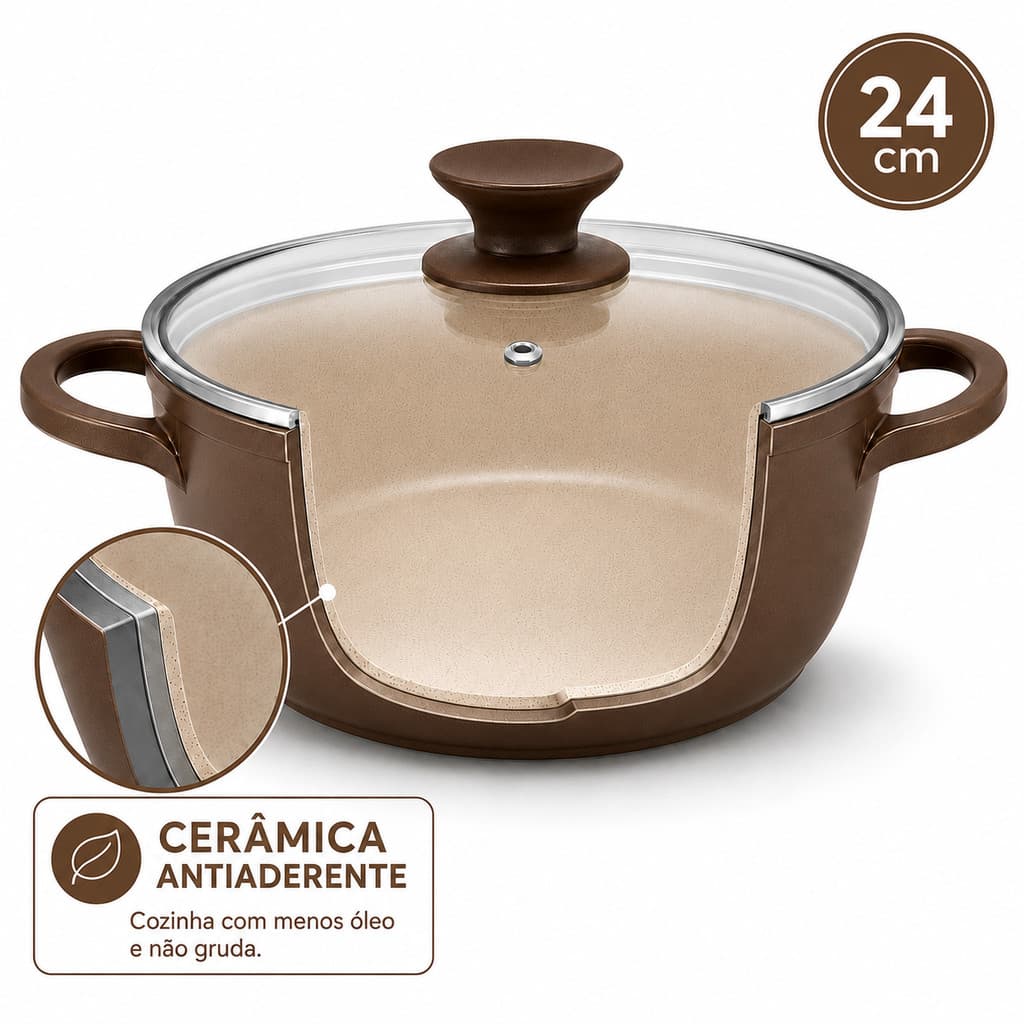 Panela Caçarola Cerâmica Antiaderente 24cm Apollo Marrom com Tampa de Vidro