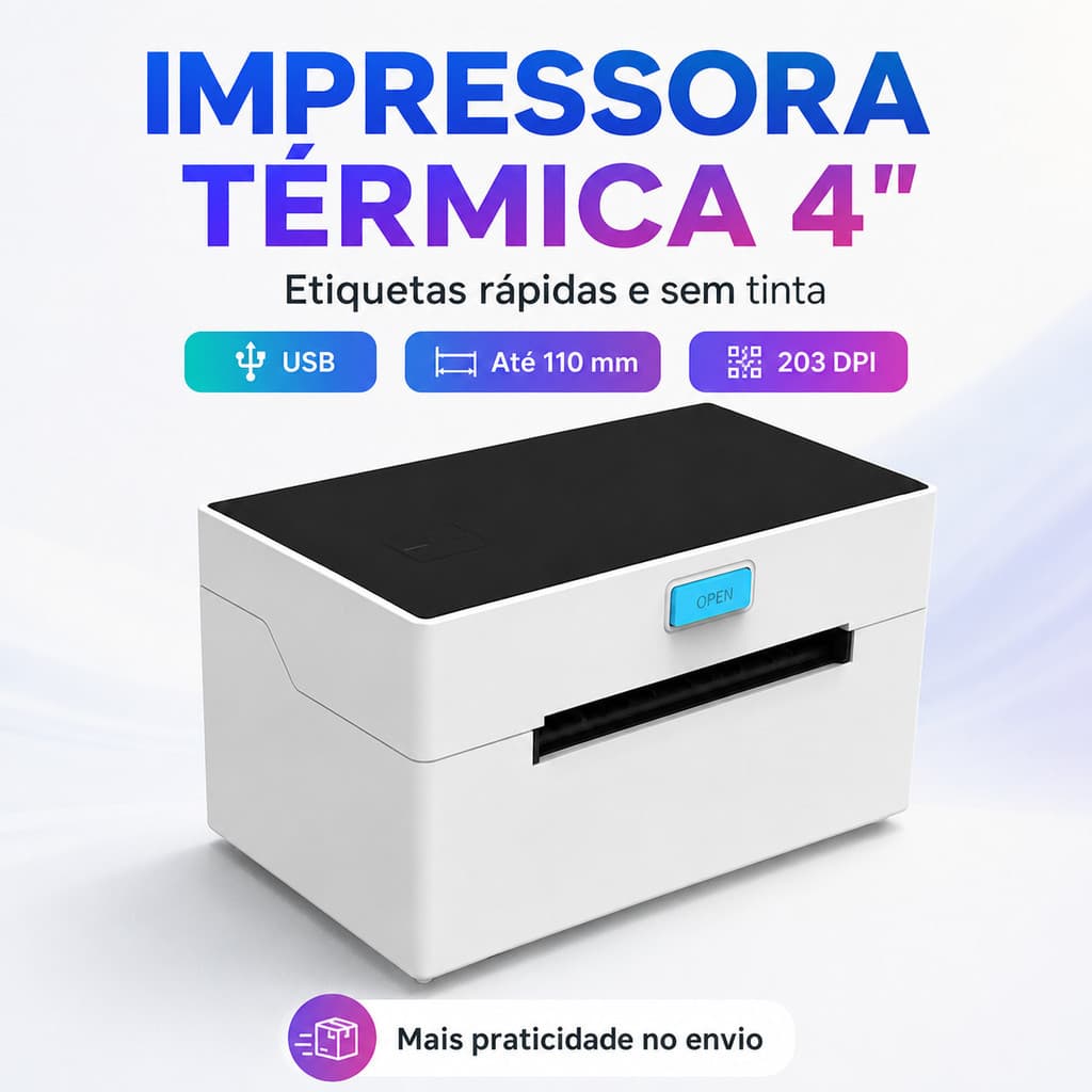 Impressora Etiquetas USB Térmica Portátil | Sem Tinta p/ Frete e E-commerce | Estoque