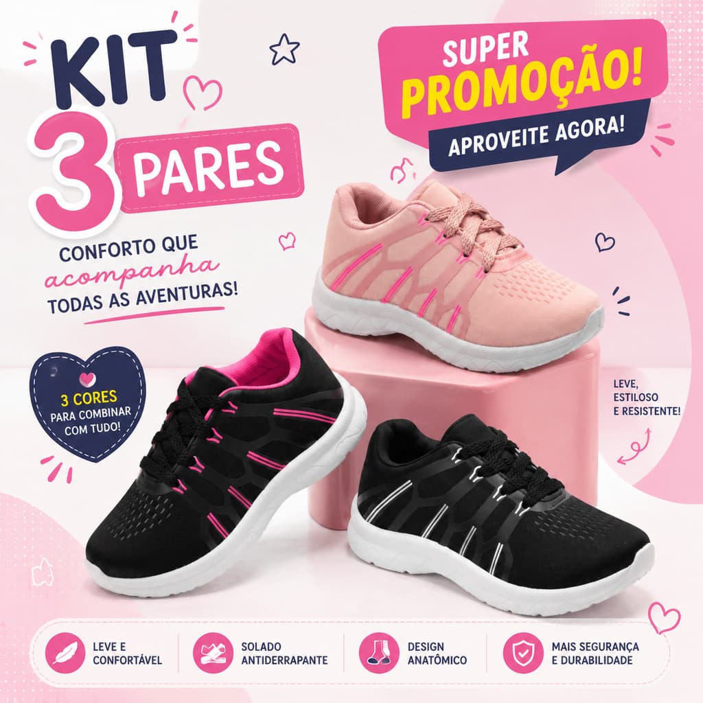 Kit 3 Tênis Infantil Menina Promoção Especial Para Crianças Ativas