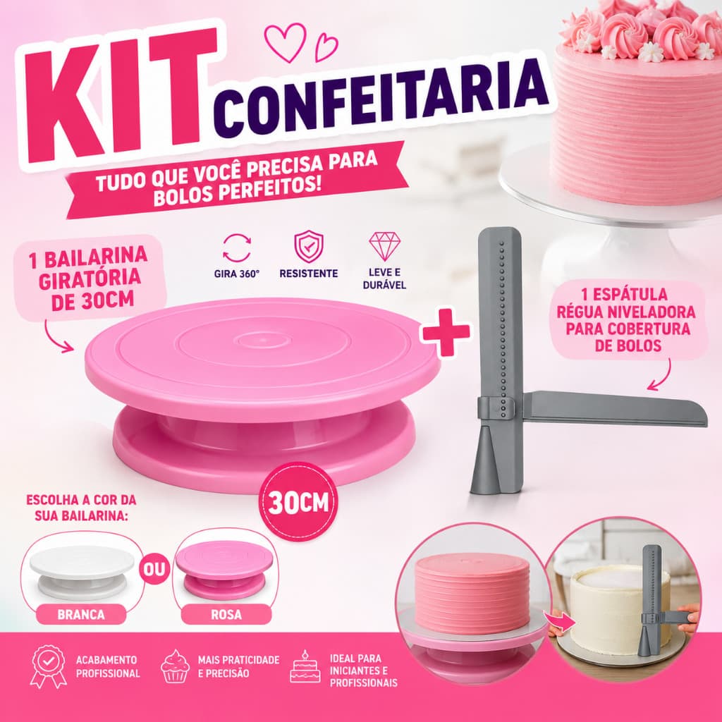 Kit Bailarina Giratória 30cm Com Espátula Régua Niveladora Para Bolos Profissional BPAFree