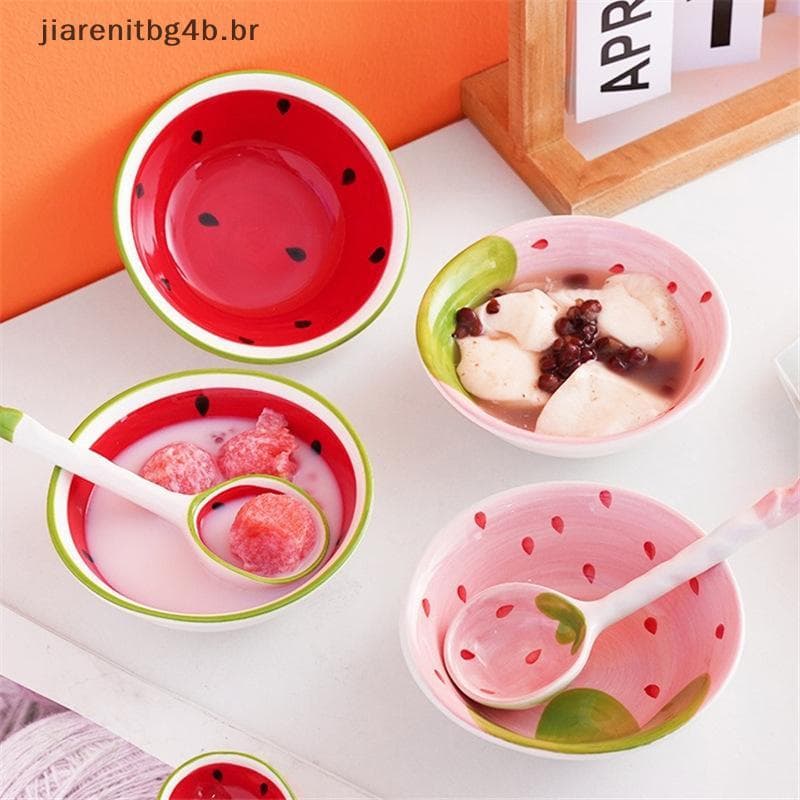 JIARN Adorável Morango Melancia Em Forma De Tigela Colher Cerâmica Colheres De Cereais Ramen Sopa Padrão De Frutas Servi