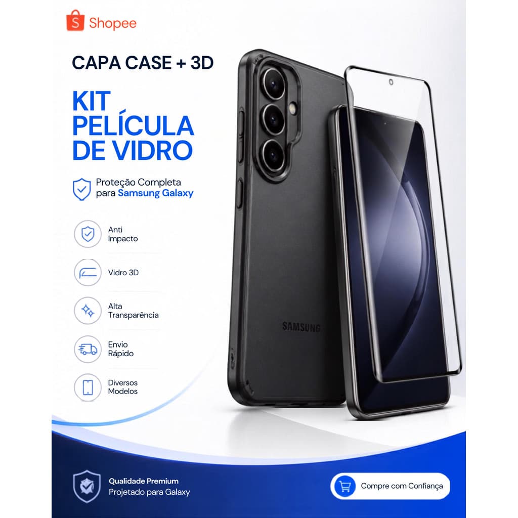 Kit Capa Case Anti Impacto + Película 3D Vidro Samsung Galaxy