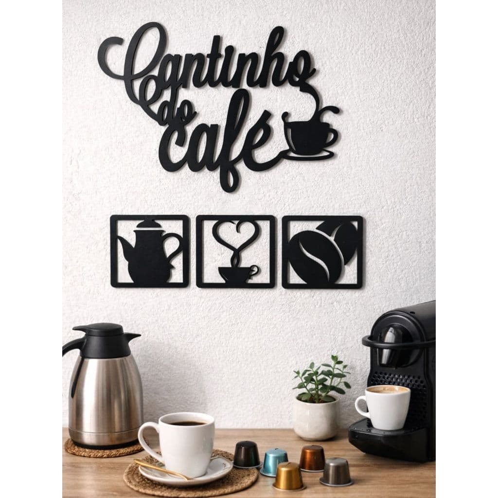 Kit Cantinho do Café MDF 4 Peças Decoração Moderna para Cozinha mais Fácil Instalação Sem Furadeira