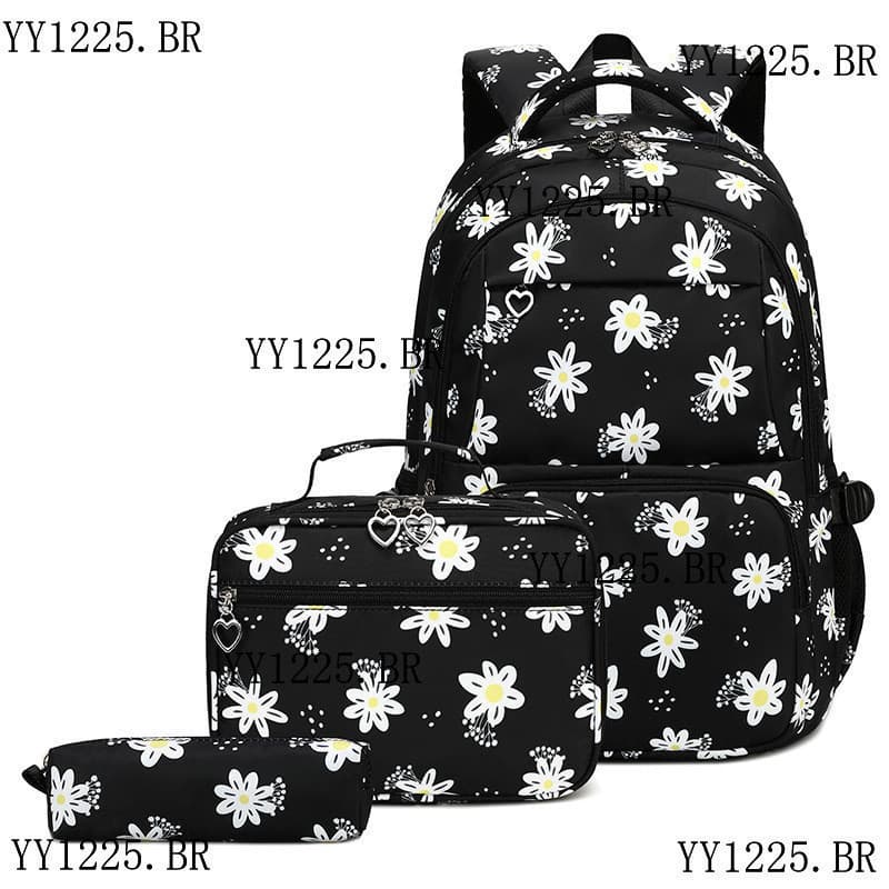 Conjunto De Bolsa Escolar Com Padrão De Flores Pequenas Frescas De 3 Unidades , Mochila À Prova D'água Lancheira E Estoj