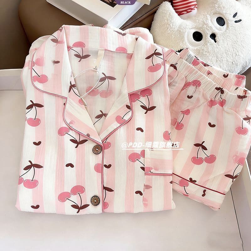 Conjunto de Pijama Feminino Estilo Japonês com Estampa de Cerejas - Nova Coleção Primavera/Outono, Blusa de Manga Curta