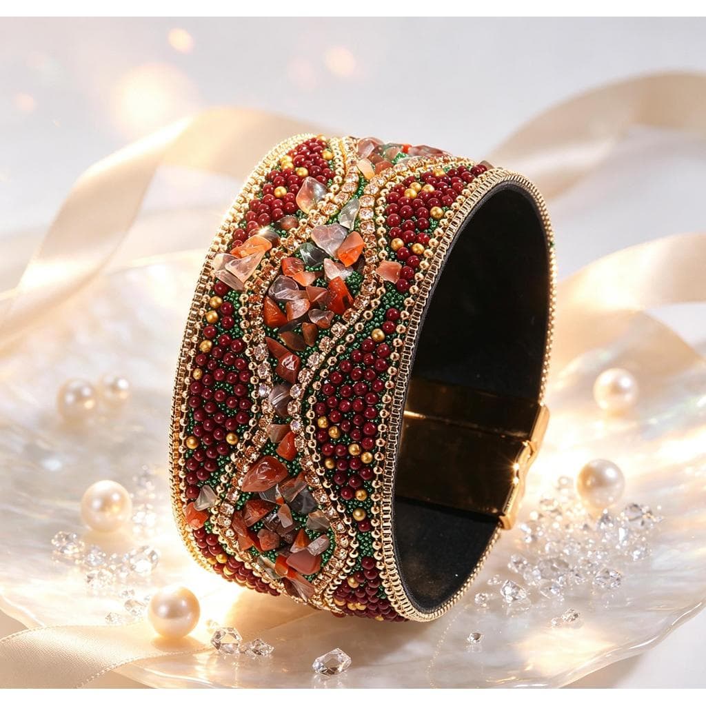Pulseira Larga Turquesa Natural, Estilo Boêmio Étnico, Pedras Coloridas