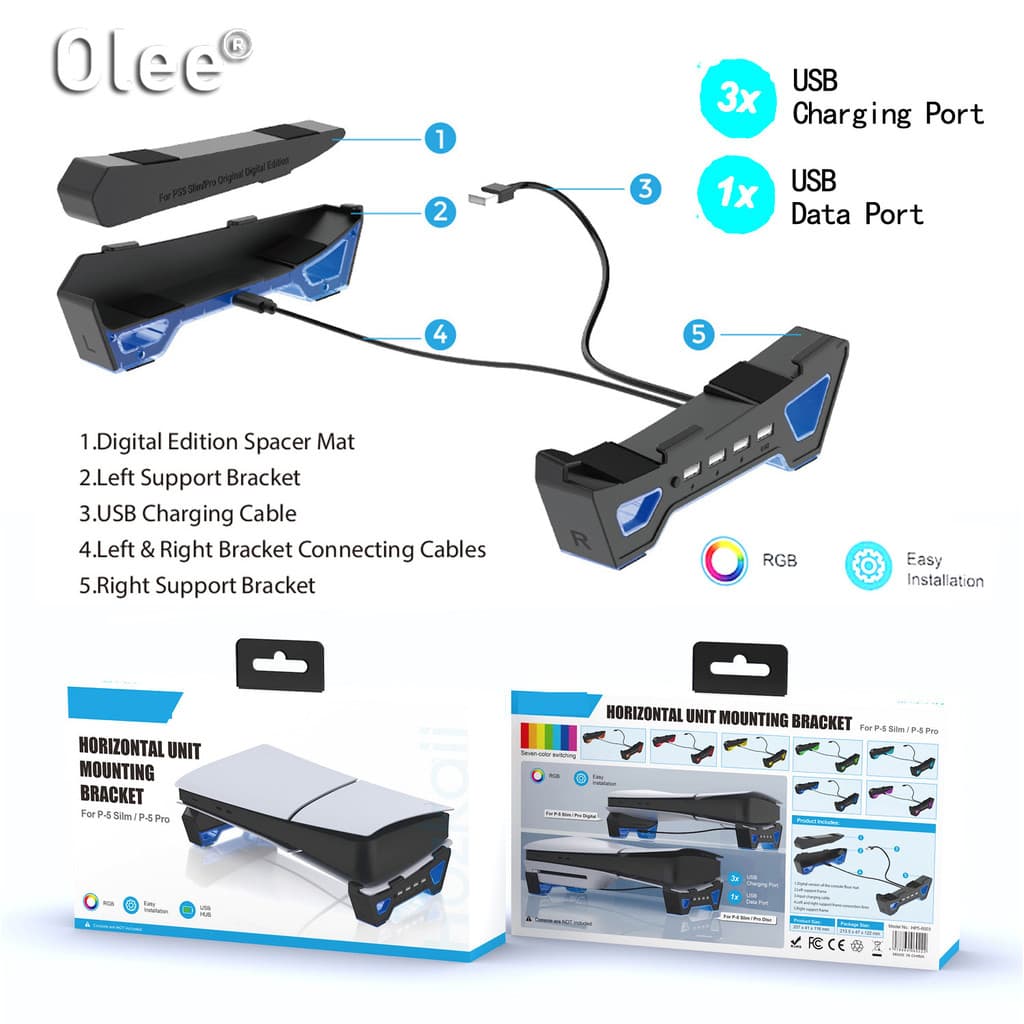 Suporte Horizontal Para PS5 Slim E PS5 Pro Disc/Digital Edition , De Console RGB Com 4 Portas USB , 3 De Carregamento 1