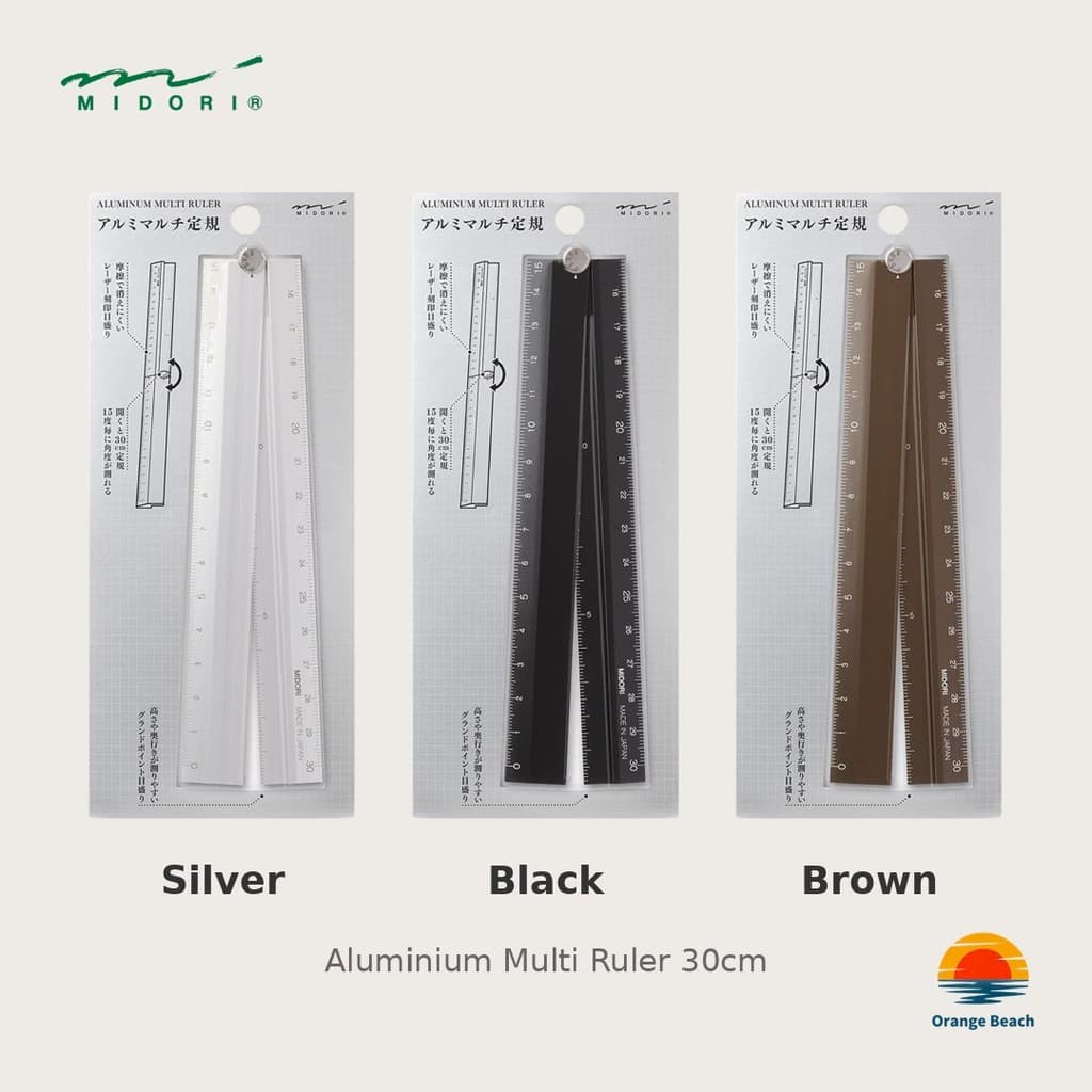 MIDORI Regua Multiuso de Aluminio 30cm/42285006/Dobravel/Escala Resistente/Transferidor/Japao