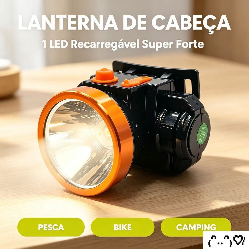 Lanterna de Cabeça 1 LED Recarregável Super Forte, Lanterna Luminosa para Pesca, Bike, Camping