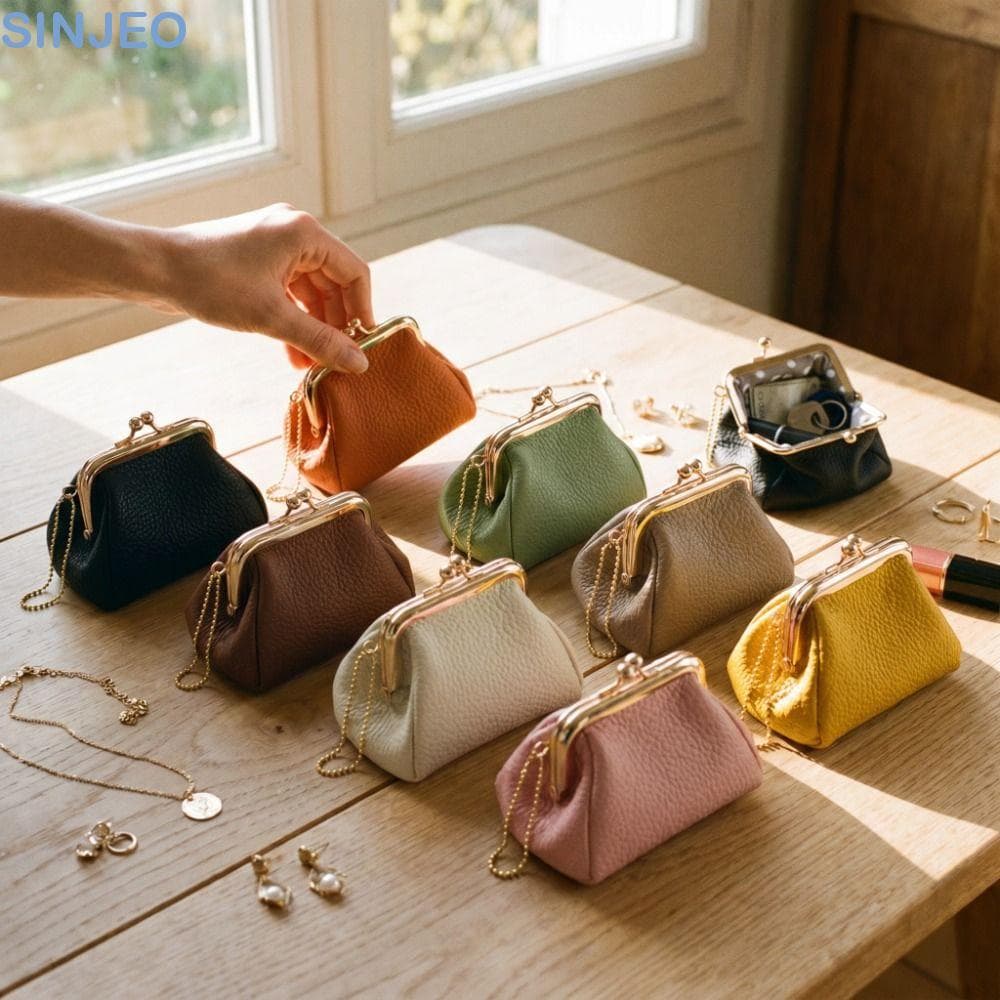 Carteira De Couro SINJEO Kiss Lock , Bolsa De Joias Com Chaveiro , Mini Moedas Portátil Para Itens Pequenos