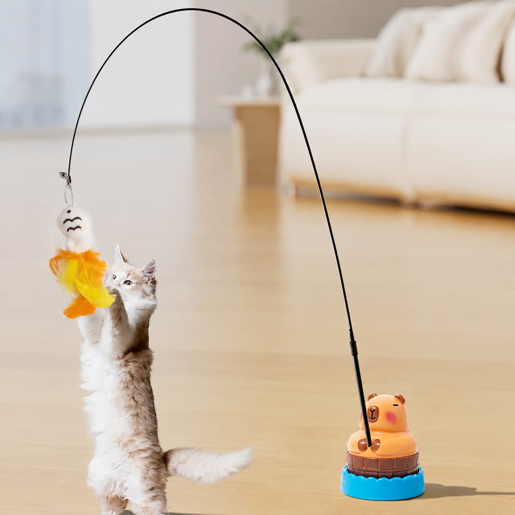 Brinquedo Gato Varinha Interativa Giro 360 com Penas Ventosa Haste Flexível Anti-Stress