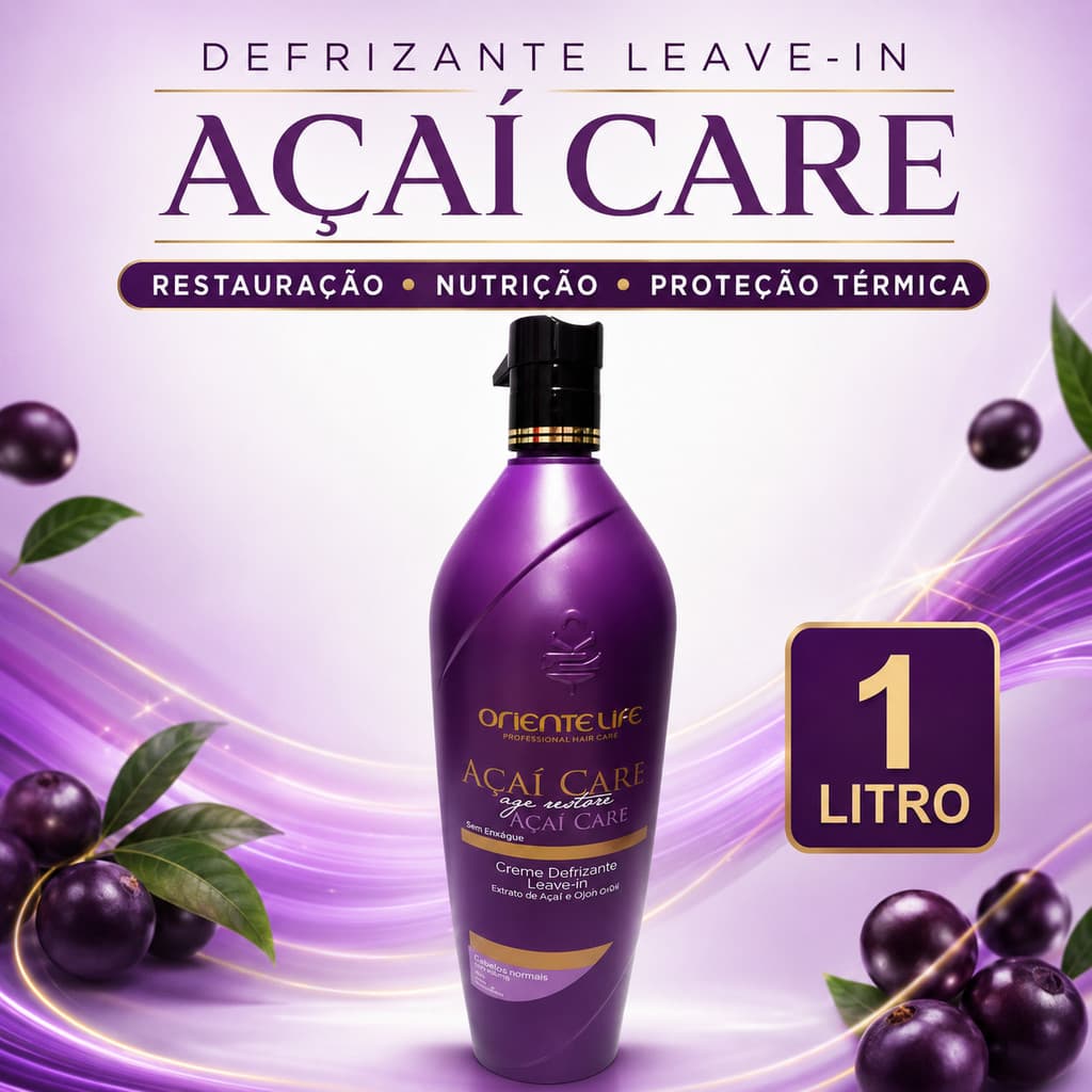 Creme Defrizante Leave-in Açaí Care Oriente Life 1 Litro, Restauração, Nutrição e Proteção Térmica