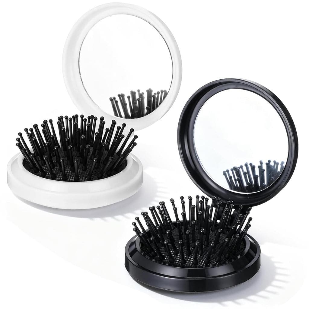 2 Escovas de Cabelo Mini com Espelho, Escovas de Cabelo Dobráveis para Viagem, Escova Compacta com Almofada de Ar para E