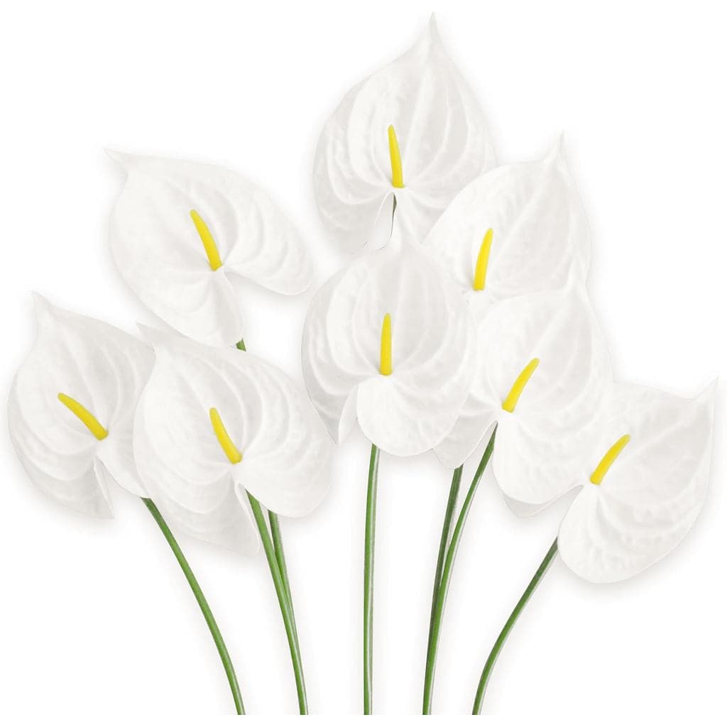 Flores Artificiais de Antúrio Real Touch, 8 peças de Flores Tropicais Brancas Falsas com Hastes para Buquês de Casamento