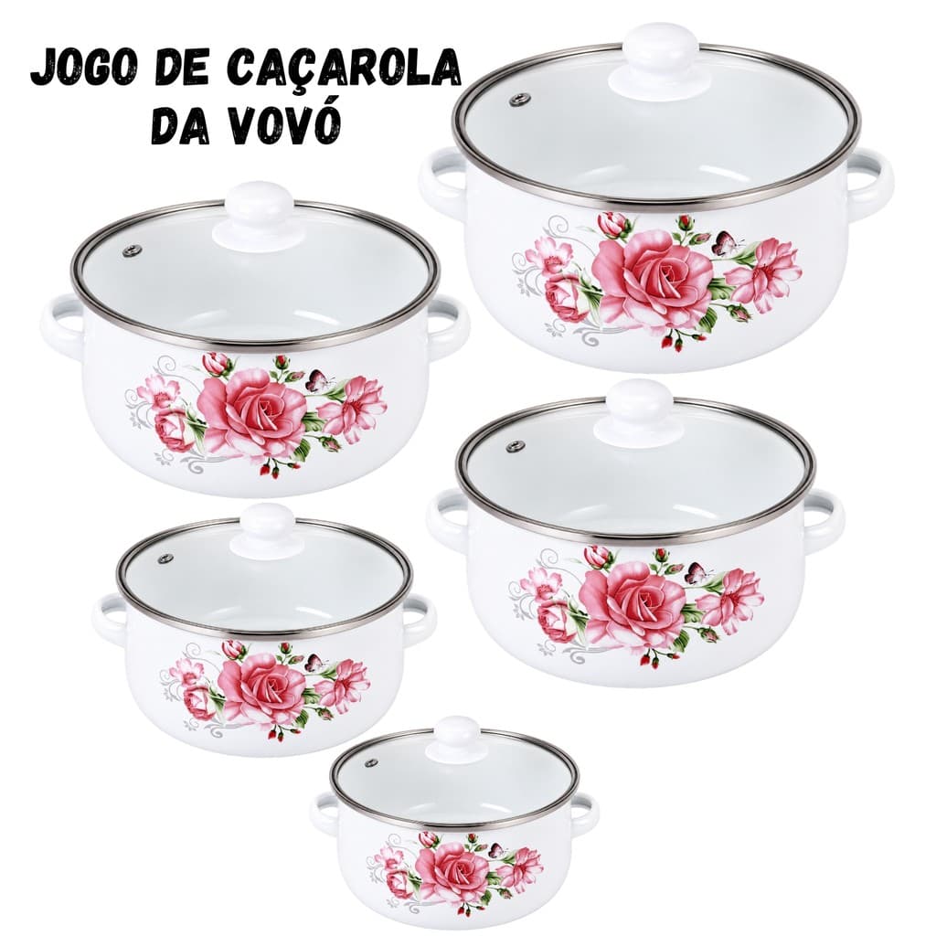 Jogo De Panelas Caçarola 5 Peças Esmaltadas para Cozinhar e Decorar Sua Cozinha Vintage Com Tampa