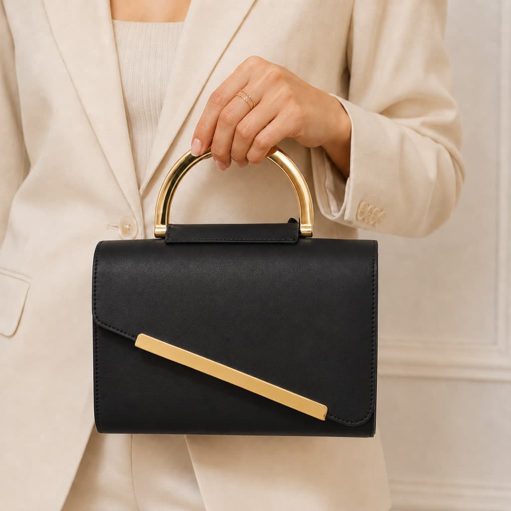 Bolsa Clutch Feminina de Festa Elegante com Alça de Mão Metálica Dourada  Descrição