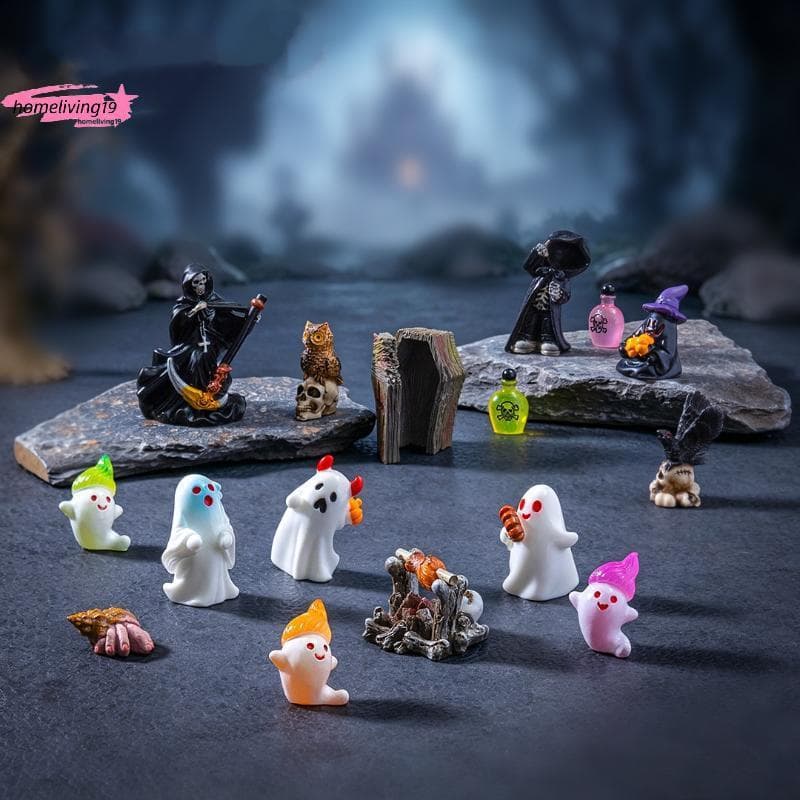 HOM Halloween Assustador Fantasma Ornamento Mini Resina Osso Crânio Caixão Cadeira Estátua Para Festa De Férias Decoraçã