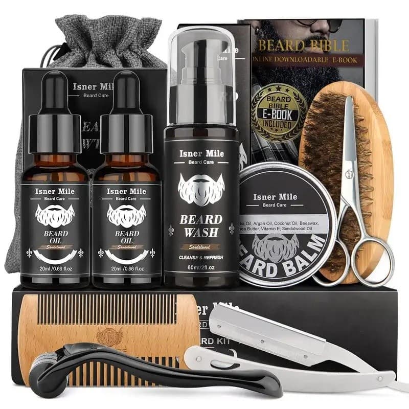 Kit de Barba para Homens, Kit de Presente para Barba, Kit de Cuidados com a Barba, Kit de Higiene da Barba Isner Mile, C
