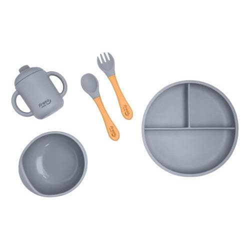 Kit Alimentação de Bebê Freso Baby Silicone Livre BPA Introdução Alimentar Prato com Ventosa Cinza
