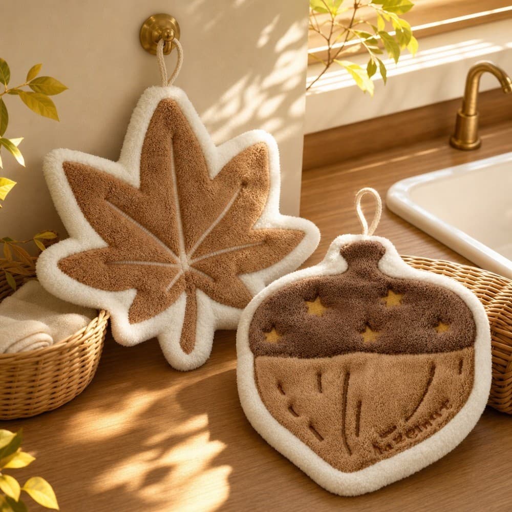 Toalha de mão com tema de outono de duas peças, absorve água, folha de bordo macia e toalha de cozinha suspensa de bolot