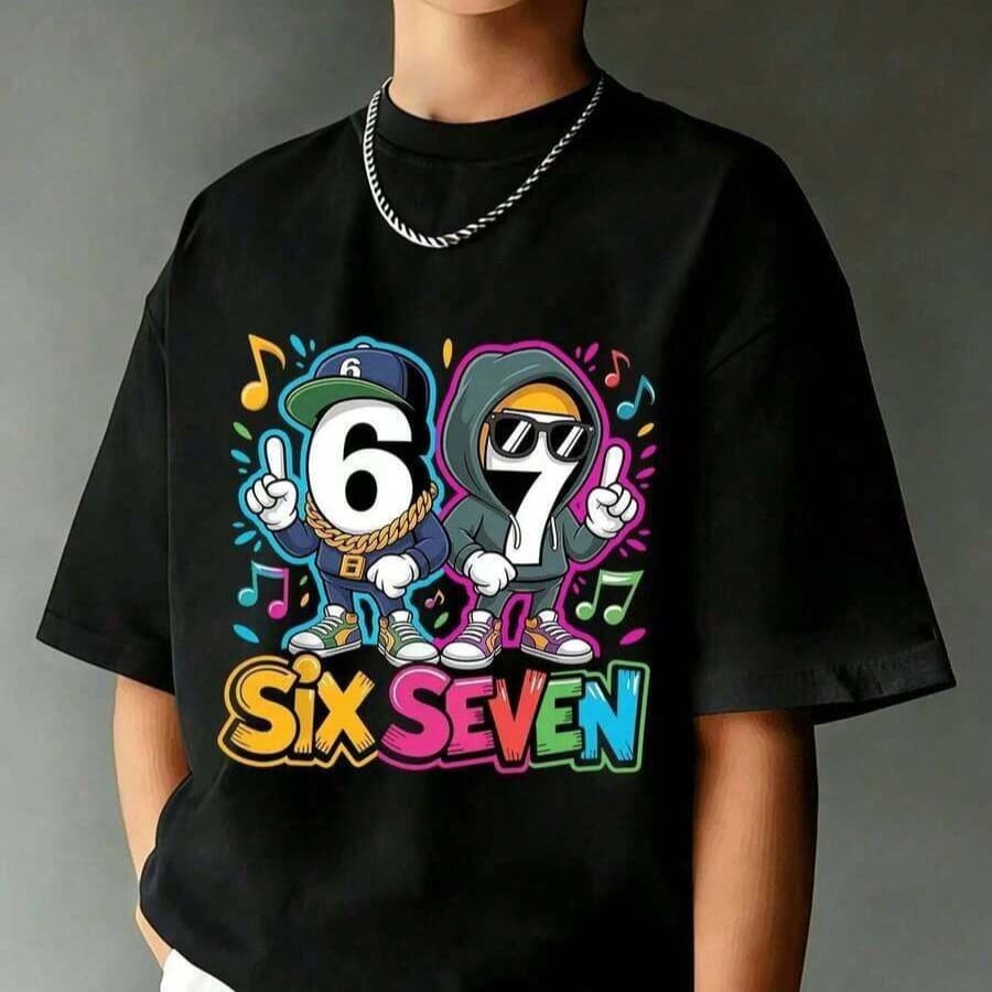 Camiseta com Estampa Cartoon "Six Seven" 67 para Meninos Pré-Adolescentes, Adequada para Rua, Campus, Eventos