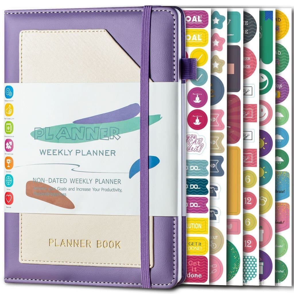Caderno planejador semanal e mensal A5 em estoque, com grade e tira autoajustável, manual de eficiência PRHR