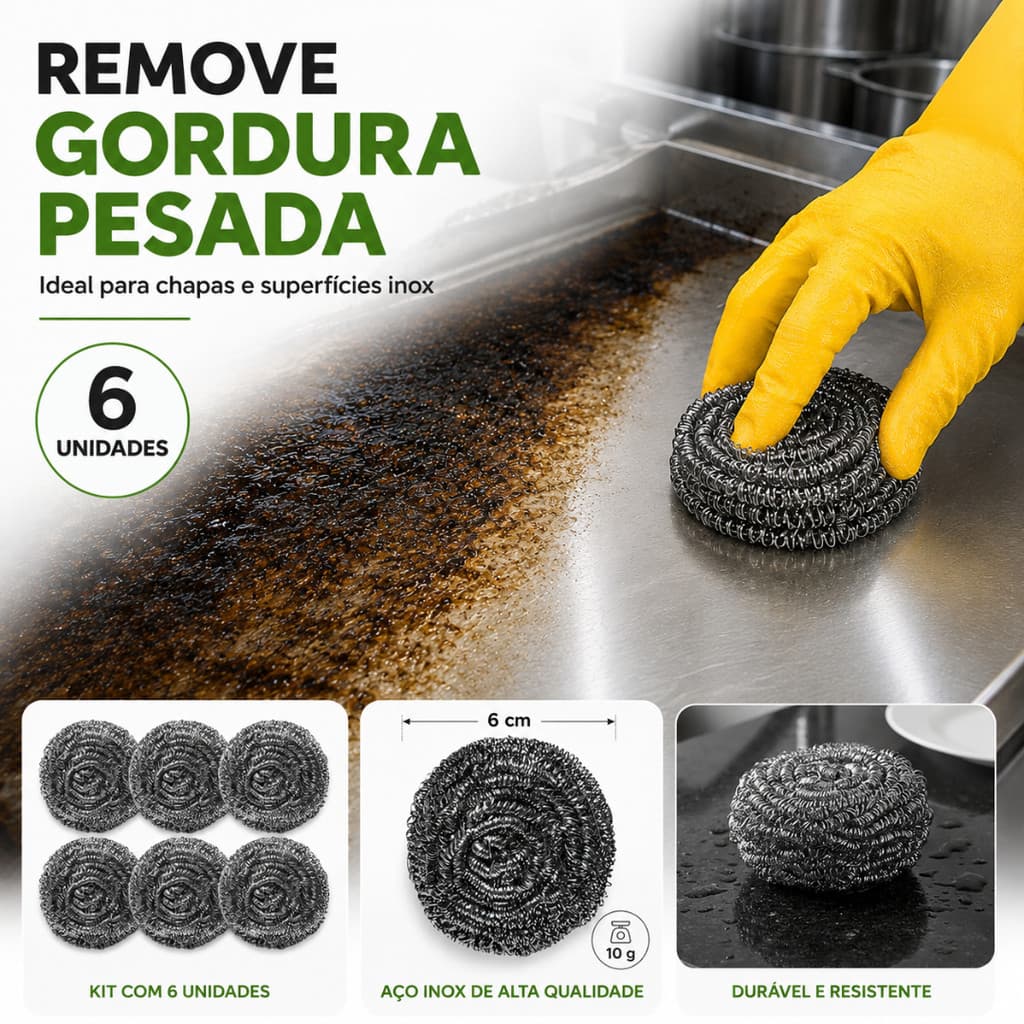 6/4 Esponjas de Aço Inox Palha de Aço para Limpeza Pesada de Panelas Chapas Grelhas e Assadeiras