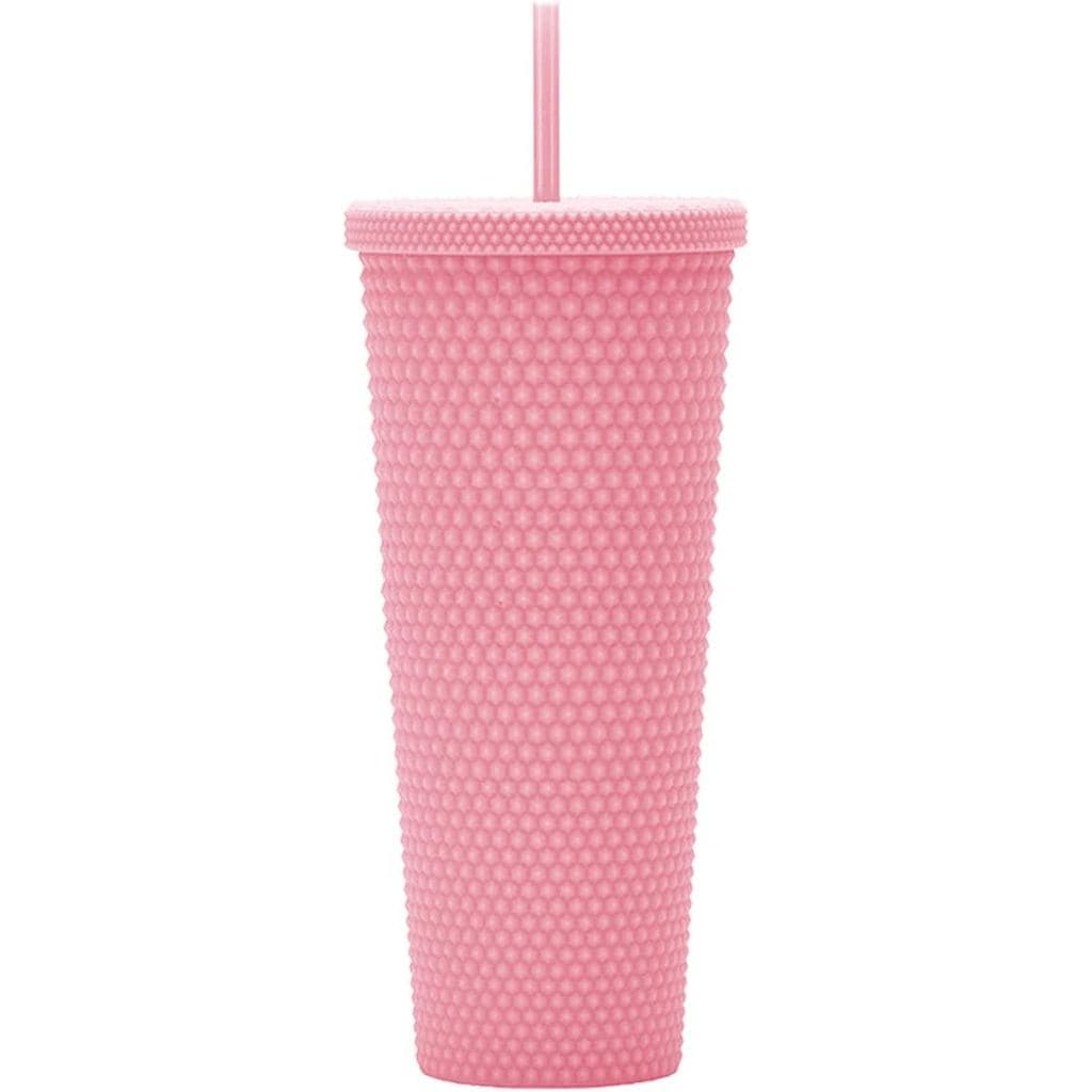 Copo Térmico de 24oz Totalmente Decorado com Tachas. Copo Térmico Rosa Fosco com Tampa e Canudo. Copo Térmico Reutilizáv