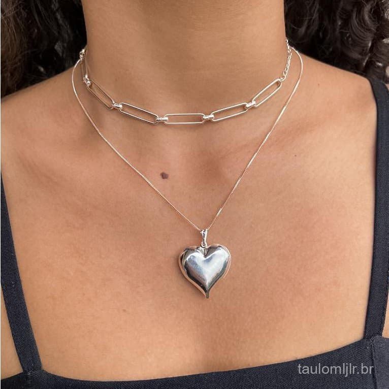 colar feminino coração a prata 925 + choker elos finos longo antialergico c/garantia