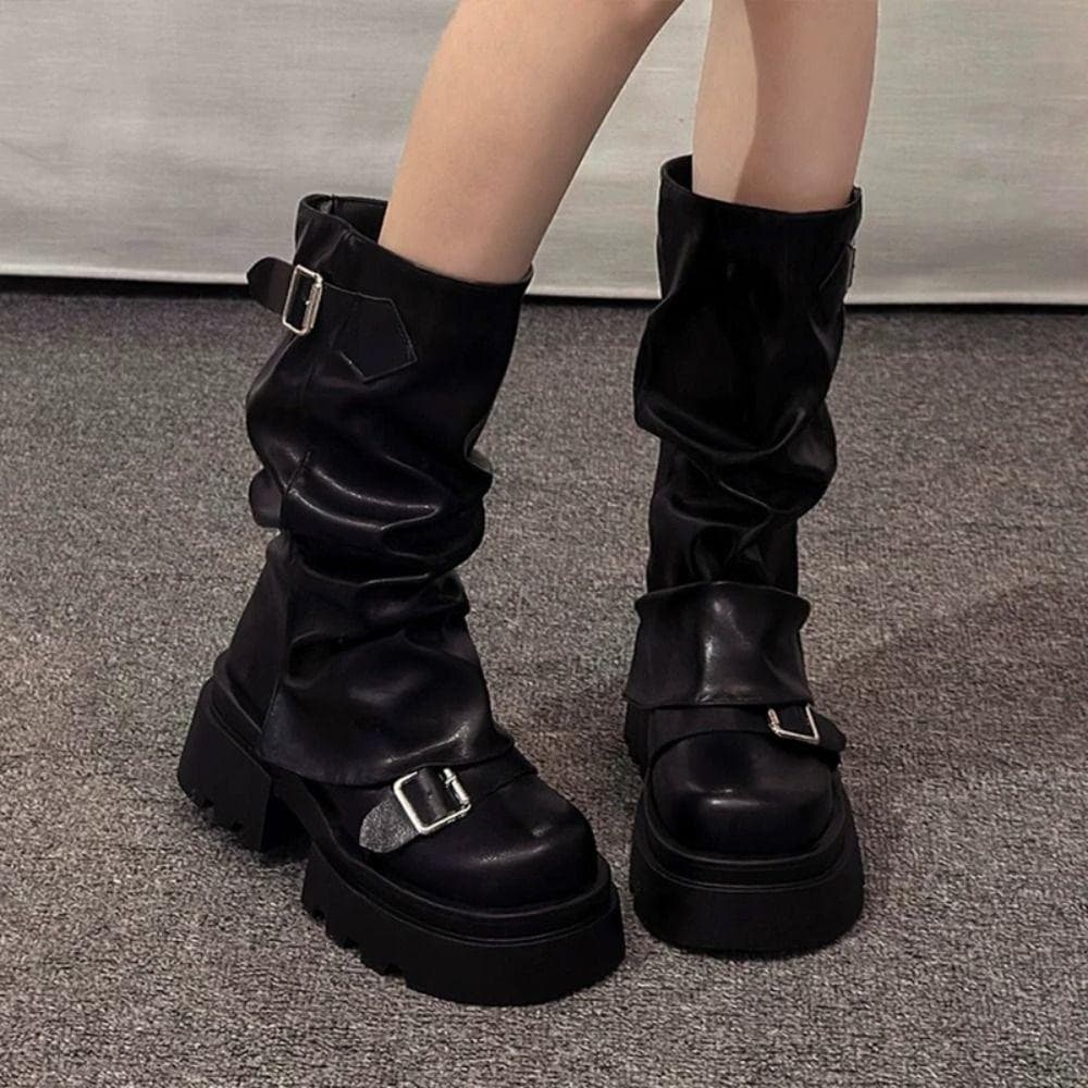 Botas Femininas De Motociclista FTARLY , Altas Até O Joelho Com Novo Design Harajuku Gladiador Y2K Punk Cano Médio