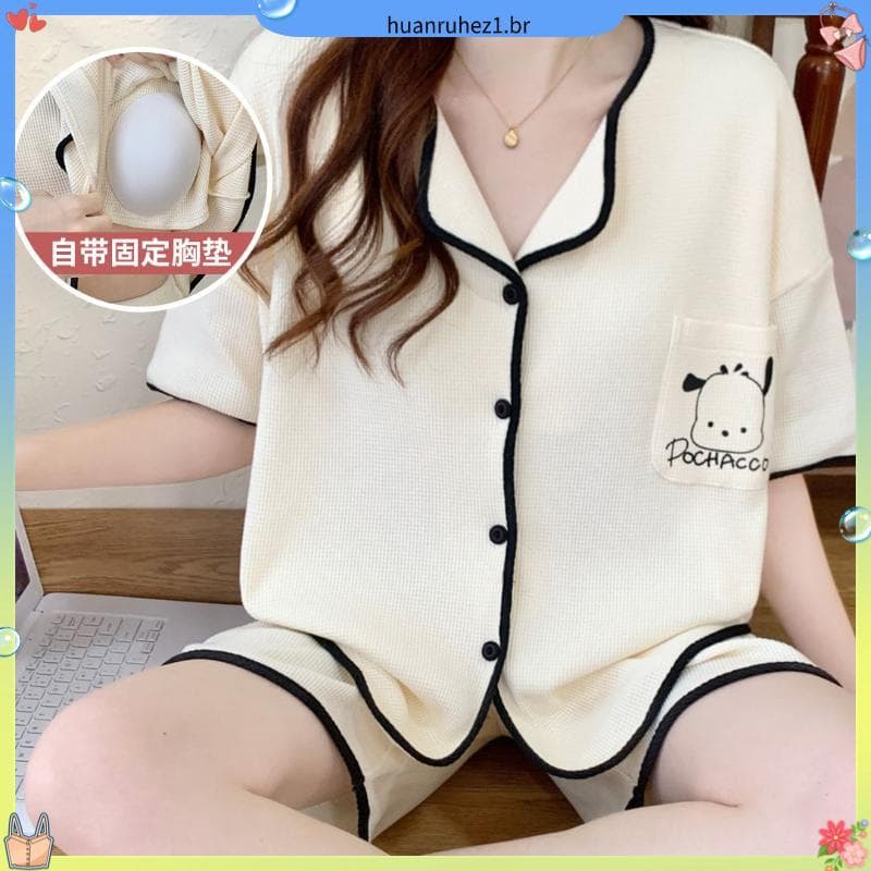 Com almofada no peito pijamas de manga curta feminino verão Cardigan senhoras pijamas dos desenhos animados doce bonito