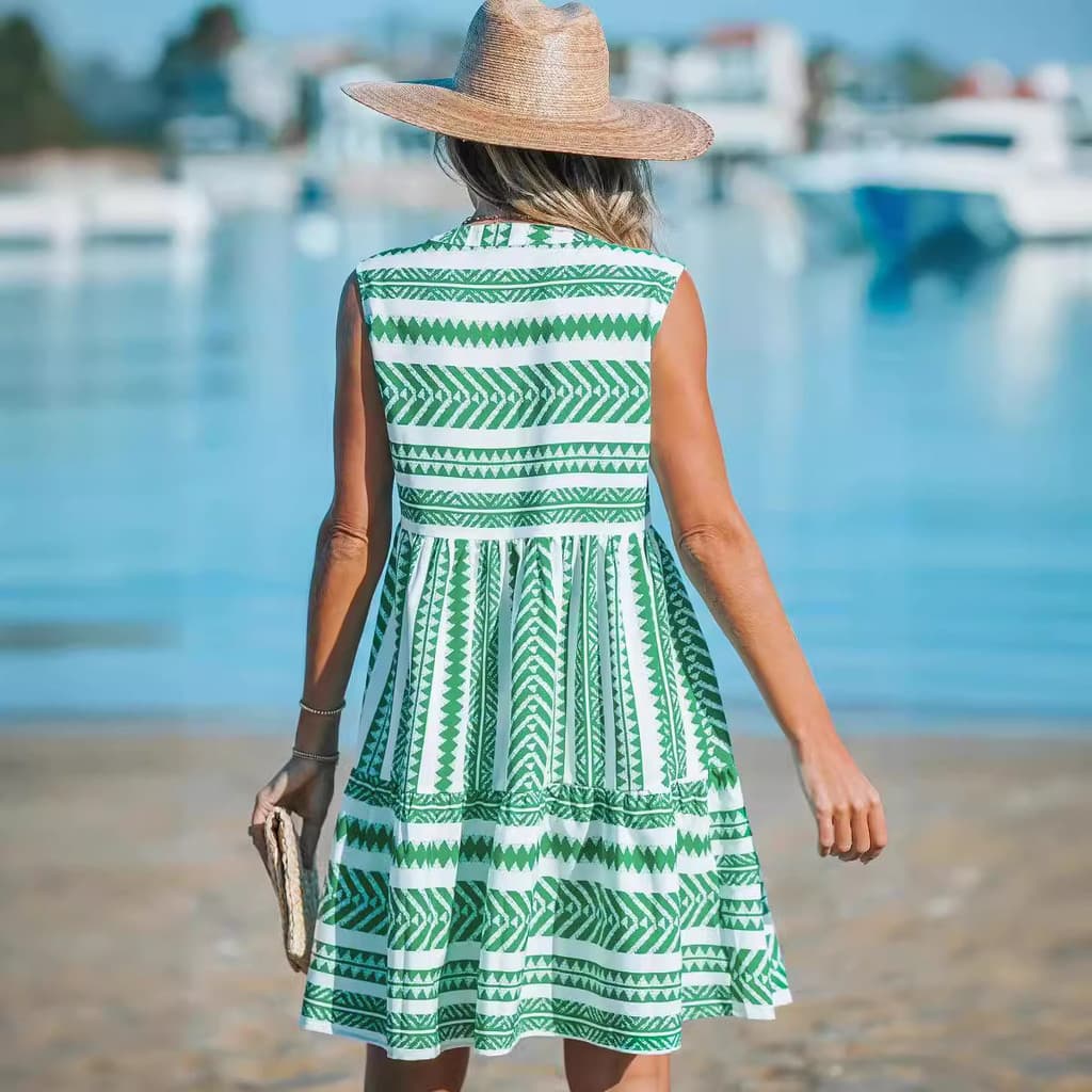 Verão novo estilo colete estampado com decote em V vestido de comprimento médio
