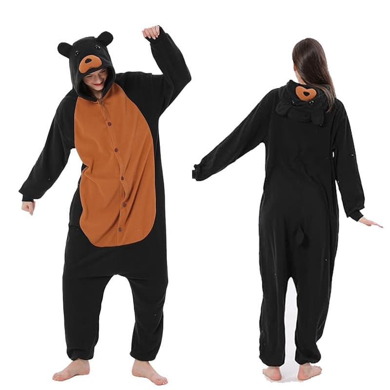 Pijama de uma peça de Animal de desenho animado de urso preto fantasia de casal de Halloween de lã Polar